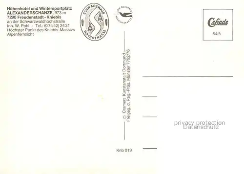 AK / Ansichtskarte Kniebis_Freudenstadt Alexanderschanze Hoehenhotel Wintersportplatz Schwarzwald Fliegeraufnahme Chronik Kniebis_Freudenstadt