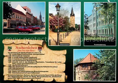 AK / Ansichtskarte Aschersleben Elka Kaufhaus Johannisturm Promenadenweg Rondell Chronik Aschersleben