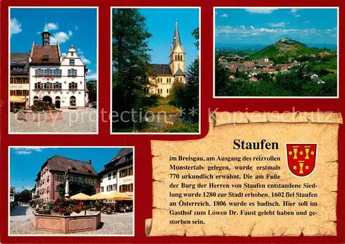 AK / Ansichtskarte Staufen_Breisgau Rathaus Kirche Stadtpanorama Burg Brunnen Chronik Wappen Staufen Breisgau