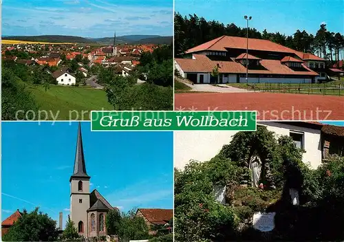 AK / Ansichtskarte Wollbach_Bad_Neustadt Panorama Kirche Heiligenfigur Sportanlagen Wollbach_Bad_Neustadt