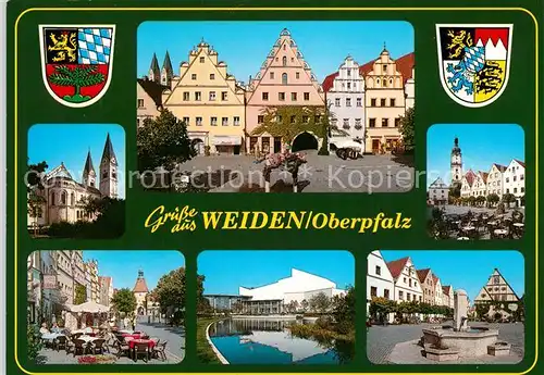 AK / Ansichtskarte Weiden_Oberpfalz Kirche Marktplatz Giebelhaeuser Brunnen Wappen Weiden Oberpfalz