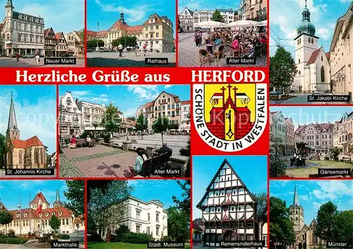 AK / Ansichtskarte Herford Markt Rathaus Kirche Gaensemarkt Markthalle Museum Remensniderhas Muenster Wappen Herford