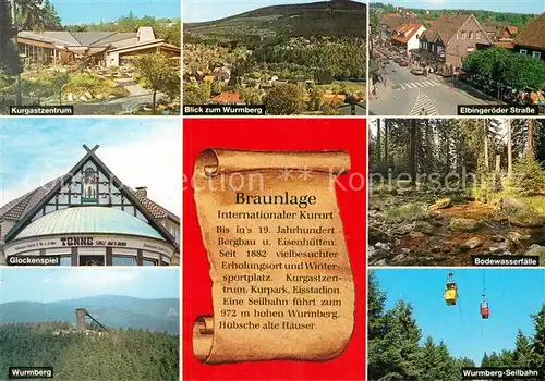 AK / Ansichtskarte Braunlage Kurgastzentrum Panorama Blick zum Wurmberg Glockenspiel Tenne Strassenpartie Bodewasserfaelle Seilbahn Braunlage