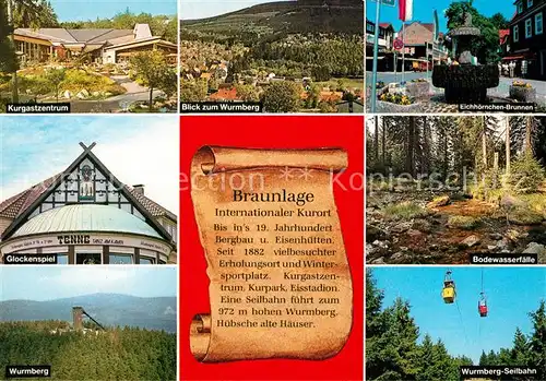 AK / Ansichtskarte Braunlage Kurgastzentrum Panorama Blick zum Wurmberg Glockenspiel Tenne Strassenpartie Bodewasserfaelle Seilbahn Braunlage