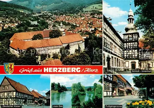 AK / Ansichtskarte Herzberg_Harz Schloss Innenhof Fussgaengerzone Juessee Hotel Deutscher Kaiser Fachwerkhaus Herzberg Harz