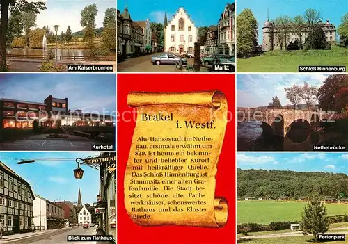 AK / Ansichtskarte Brakel_Westfalen Kaiserbrunnen Markt Schloss Hinnenburg Nethebruecke Ferienpark Kurhotel Rathaus Brakel_Westfalen