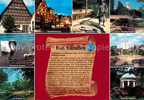 AK / Ansichtskarte Bad_Salzuflen Haus Backs Historisches Gebaeude Abendstimmung Salzsieder Statue Kurpark Saline Brunnentempel Schwan Chronik Bad_Salzuflen