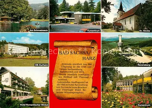 AK / Ansichtskarte Bad_Sachsa_Harz Schmelzteich Kurheim Hotel Kirche Ravensberg Aussichtsturm Kurzentrum Chronik Bad_Sachsa_Harz