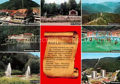 AK / Ansichtskarte Bad_Lauterberg Am Glockenspiel Kurpark Bismarckturm Wellenbad Hotels Wiesenbeker Teich Chronik Bad_Lauterberg