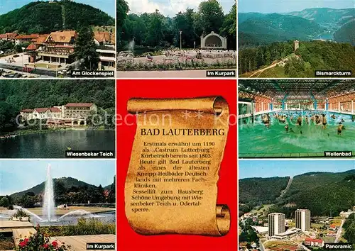 AK / Ansichtskarte Bad_Lauterberg Am Glockenspiel Kurpark Bismarckturm Wellenbad Hotels Wiesenbeker Teich Chronik Bad_Lauterberg