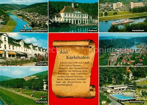 AK / Ansichtskarte Bad_Karlshafen Panorama Blick vom Hogenottenturm Carlstrasse Promenade Rathaus Kurzentrum Schwimmbad Luftbild Bad_Karlshafen