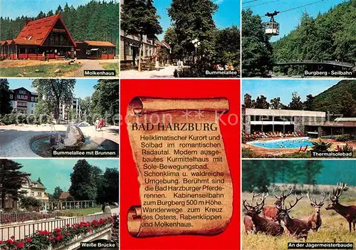 AK / Ansichtskarte Bad_Harzburg Molkenhaus Bummelallee Brunnen Weisse Bruecke Burgberg Seilbahn Thermalsolebad Hirsche Bad_Harzburg