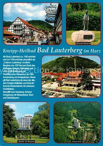 AK / Ansichtskarte Bad_Lauterberg Hauptstrasse Schroth Denkmal Glockenspiel Revita Hotel Kurpark Fliegeraufnahme Bad_Lauterberg