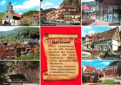 AK / Ansichtskarte Bad_Grund Kirche Iberger Tropfsteinhoehle Teilansicht Kurzentrum Brunnen Rathaus Markt Bad_Grund