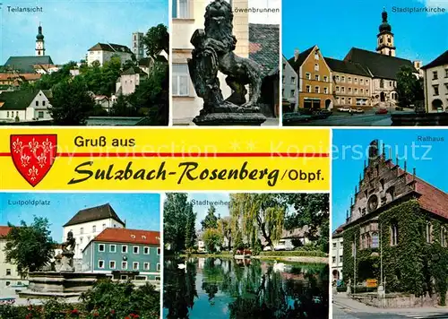 AK / Ansichtskarte Sulzbach Rosenberg Teilansicht Loewenbrunnen Kirche Rathaus Stadtweiher Luitpoldplatz Sulzbach Rosenberg