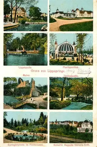 AK / Ansichtskarte Lippspringe_Bad Lippequelle Musikpavillon Ruine Jordanquelle Springbrunnen im Fichtenwald Kaiserin Auguste Victoria Stift Lippspringe_Bad