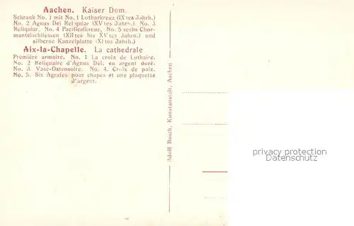 AK / Ansichtskarte Aachen Kaiser Dom Schrank No 1 mit Lotharkreuz Agnus Dei Reliquiar Pacifalkreuz Sechs Chormantelschliessen und silberne Kanzelplatte Aachen