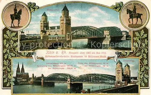 AK / Ansichtskarte Koeln_Rhein Westportal Hohenzollernbruecke Ostportal Koeln_Rhein