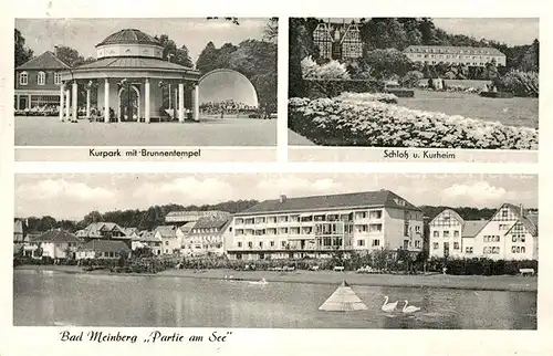 AK / Ansichtskarte Bad_Meinberg Kurpark mit Brunnentempel Schloss und Kurheim Partie am See Bad_Meinberg