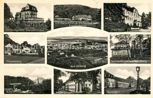 AK / Ansichtskarte Bad_Driburg Genesungsheim Dreizehnlinden Linke Heim Hauptquelle Panorama Sachsenklause auf der Iburg Kaspar Heinrich Quelle Versorgungskuranstalt Kurplatz Bad_Driburg