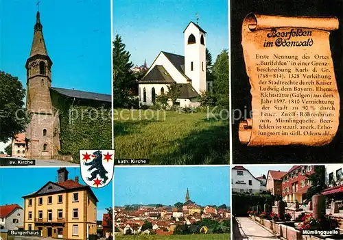 AK / Ansichtskarte Beerfelden_Odenwald Buergerhaus Muemlingquelle Evangelische und Katholische Kirche  Beerfelden Odenwald