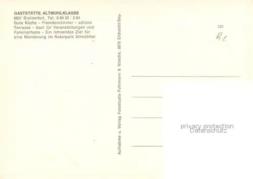 AK / Ansichtskarte Breitenfurt_Dollnstein Schwimmbad Gaststaette Altmuehlklause  Breitenfurt_Dollnstein