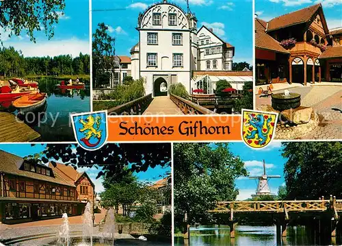 AK / Ansichtskarte Gifhorn Heidesee Schloss Marktplatz Brunnen Holzbruecke Windmuehle Wappen Gifhorn