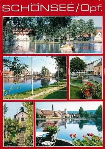 AK / Ansichtskarte Schoensee Haeuserpartie am See Promenade Brunnen Schoensee