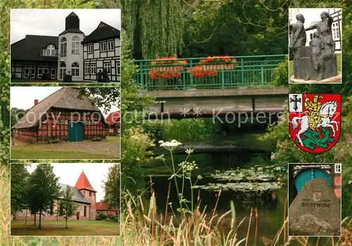 AK / Ansichtskarte Sottrum_Rotenburg_Wuemme Gebaeude Bauernhof Reetdachhaus Kirche Gedenkstein Denkmal Wappen Partie am Fluss Sottrum_Rotenburg_Wuemme