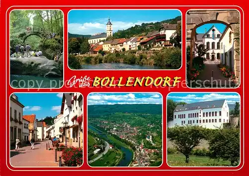 AK / Ansichtskarte Bollendorf_Suedeifel Ortsansicht mit Kirche Innenstadt Waldpartie Burg Bollendorf Deutsch Luxemburgischer Naturpark Fliegeraufnahme Bollendorf_Suedeifel