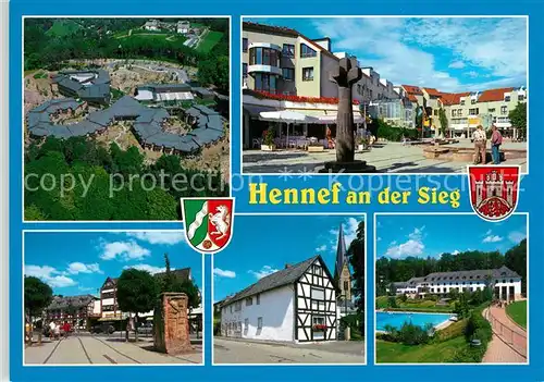 AK / Ansichtskarte Hennef_Sieg Marktplatz Denkmal Fachwerkhaus Freibad Hotel Freizeitanlage Fliegeraufnahme Hennef Sieg
