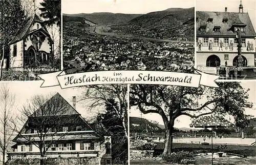 AK / Ansichtskarte Haslach_Kinzigtal Hansjakob Kapelle Panorama Rathau Brunnen Hansjakob Haus Schwimmbad Haslach_Kinzigtal