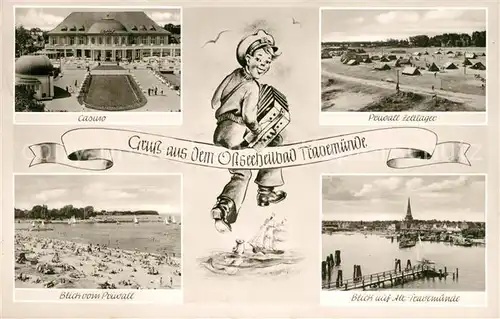 AK / Ansichtskarte Travemuende_Ostseebad Casino Priwall Zeltlager Panorama Strand Karikatur Travemuende_Ostseebad