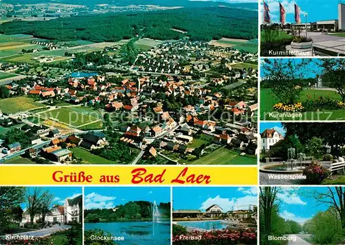 AK / Ansichtskarte Bad_Laer Kurmittelhaus Kuranlagen Wasserspiele Kirchplatz Glockensee Freibad Blomberg Fliegeraufnahme Bad_Laer