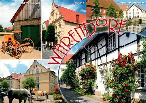 AK / Ansichtskarte Warendorf NRW Landgestuet Pferdekutsche Heumarkt Emsbruecken Pferdeskulpturen Probsteigasse Fachwerkhaus Warendorf