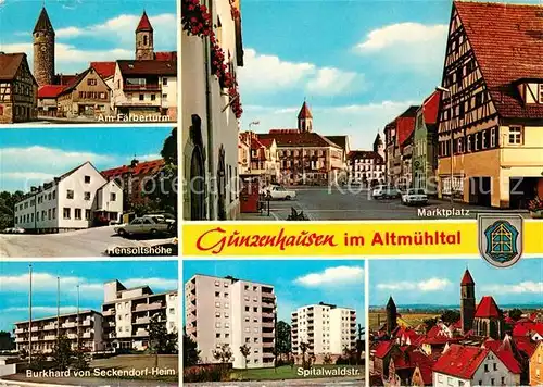 AK / Ansichtskarte Gunzenhausen_Altmuehlsee Altstadt Faerberturm Marktplatz Kirche Hensoltshoehe Burkhard von Seckendorf Heim Wohnblocks Hochhaeuser Gunzenhausen Altmuehlsee