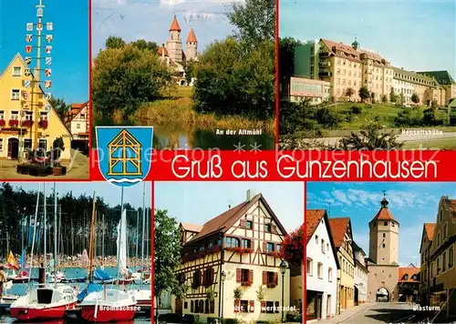 AK / Ansichtskarte Gunzenhausen_Altmuehlsee Maibaum Partie an der Altmuehl Hensoltshoehe Brombachsee Seglerhafen Historischer Fachwerkstadel Blasturm Gunzenhausen Altmuehlsee