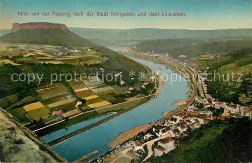 AK / Ansichtskarte Koenigstein_Saechsische_Schweiz Stadtblick von der Festung mit Lilienstein Koenigstein_Saechsische