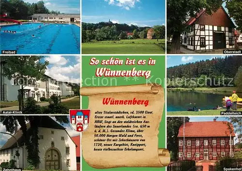 AK / Ansichtskarte Bad_Wuennenberg Freibad Oberstadt Fachwerkhaus Aatalklinik Paddelteich Zehnthaus Spakenhof Bad_Wuennenberg