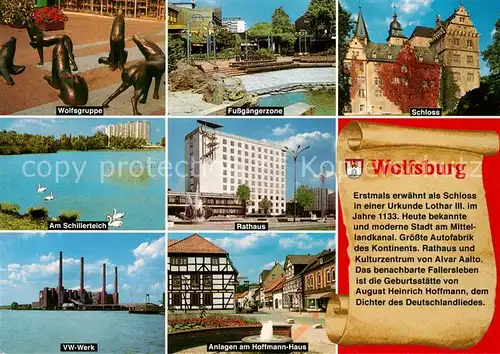 AK / Ansichtskarte Wolfsburg Wolfsgruppe Skulpturen Fussgaengerzone Schloss Schillerteich Schwaene Rathaus VW Werk Industrie Anlagen am Hoffmann Haus Fachwerkhaus Wolfsburg