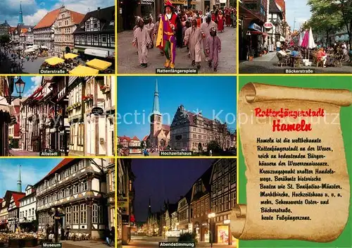 AK / Ansichtskarte Hameln_Weser Strassenpartie Altstadt Marktplatz Rattenfaenger Sage Hochzeitshaus Museum Abendstimmung Hameln Weser
