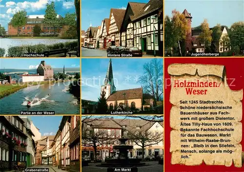 AK / Ansichtskarte Holzminden_Weser Hochschule Strassenpartie Altstadt Fachwerkhaeuser Jugendherberge Lutherkirche Marktplatz Brunnen Chronik Holzminden Weser