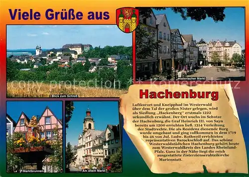 AK / Ansichtskarte Hachenburg_Westerwald Panorama Blick zum Schloss Historischer Markt Altstadt Brunnen Chronik Hachenburg_Westerwald