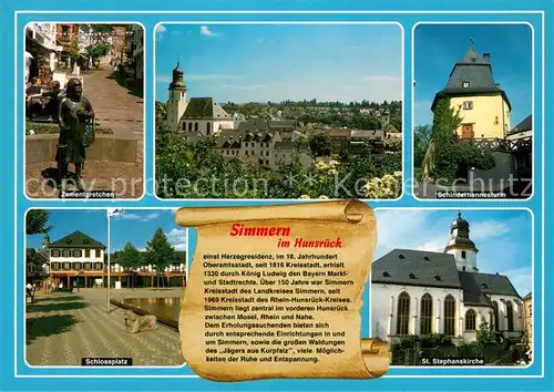 AK / Ansichtskarte Simmern_Hunsrueck Zementgretchen Statue Stadtbild mit Kirche Schinderhannesturm Kirche Schlossplatz Chronik Simmern Hunsrueck