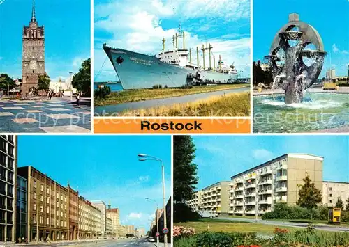 AK / Ansichtskarte Rostock_Mecklenburg Vorpommern Kroepeliner Tor Traditionsschiff Typ Frieden Suedstadt Wasserspiele Lange Strasse Pawlowstrasse Wohnblocks Plattenbauten Rostock