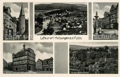 AK / Ansichtskarte Melsungen_Fulda Eulenturm Marktbrunnen Rathaus Badeanstalt Melsungen Fulda