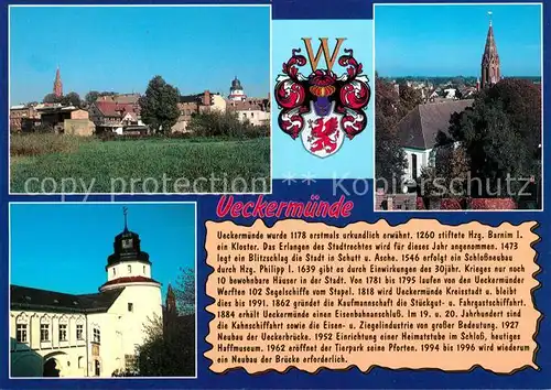 AK / Ansichtskarte Ueckermuende_Mecklenburg_Vorpommern Wappen Schloss Kirche Panorama Chronik Ueckermuende_Mecklenburg