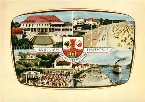 AK / Ansichtskarte Travemuende_Ostseebad Casino Strand Konzertpavillon Hafeneinfahrt Dampfer Travemuende_Ostseebad