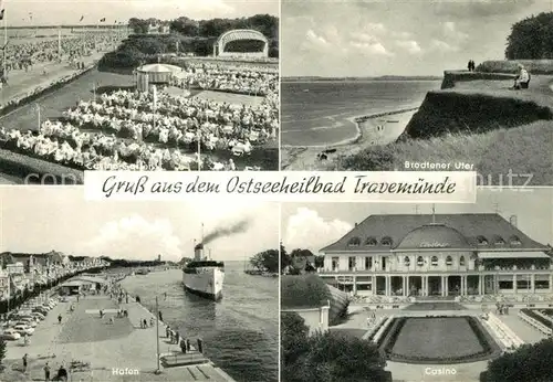 AK / Ansichtskarte Travemuende_Ostseebad Strand Konzertpavillon Promenade Hafen Faehre Casino Brodtener Ufer Travemuende_Ostseebad