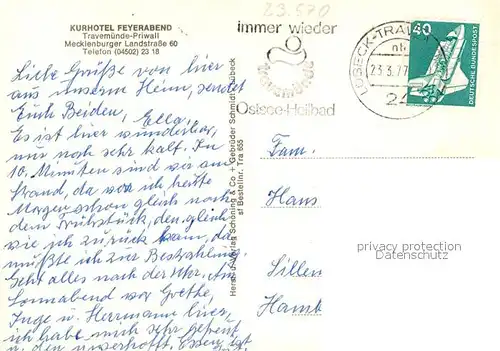 AK / Ansichtskarte Priwall_Travemuende Kurhotel Feyerabend Hafen Segelschulschiff Priwall Travemuende